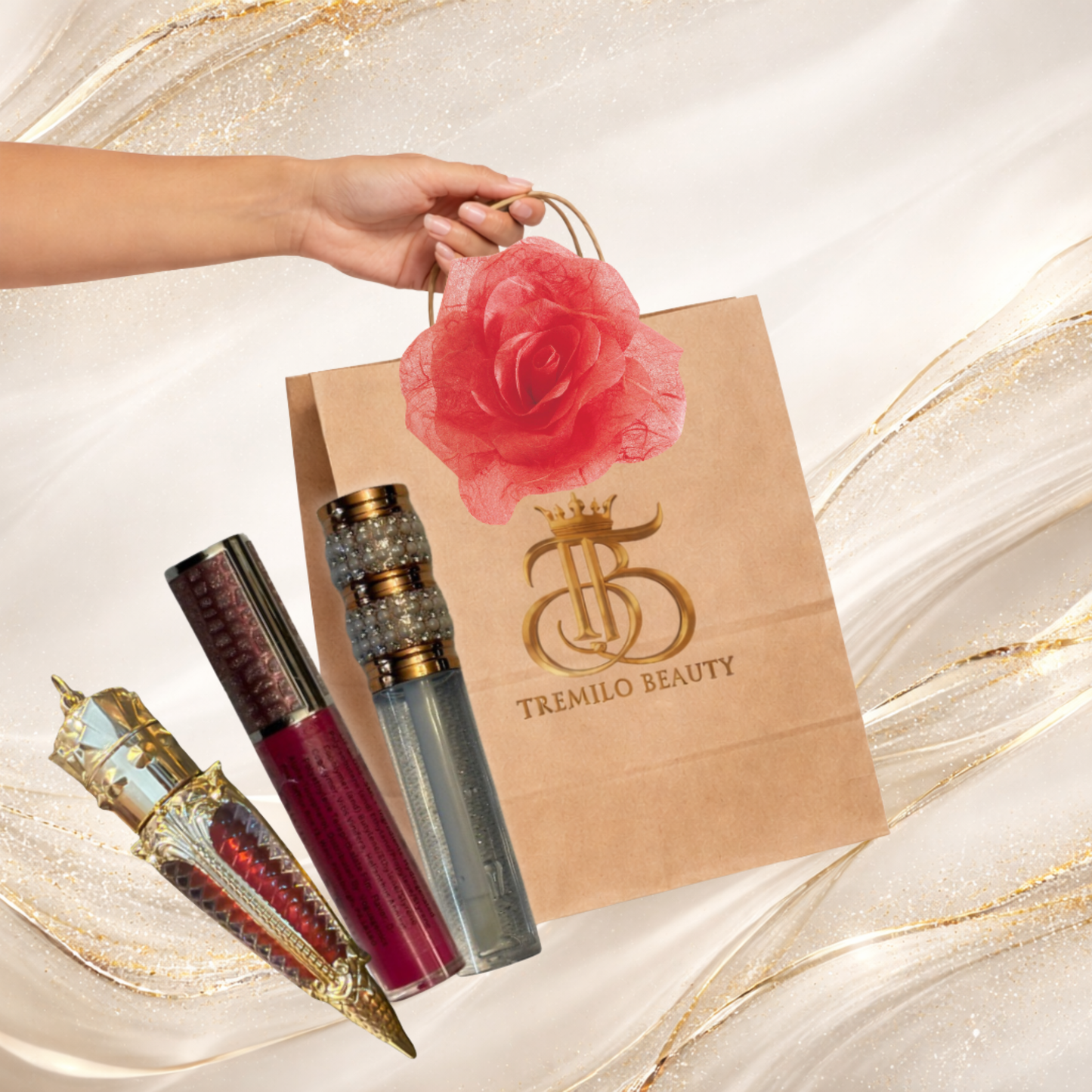 Tremilo “Oh Crap — Best” gift bundle showing a kraft paper gift bag with rose accent and three Tremilo lip glosses on a soft, neutral marble background.