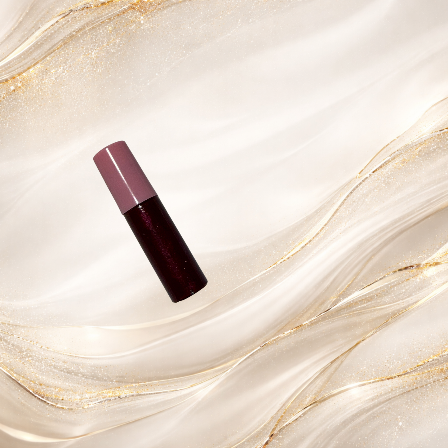 Mourningwould lip gloss product shot with pink cap showing dimensional red shimmer