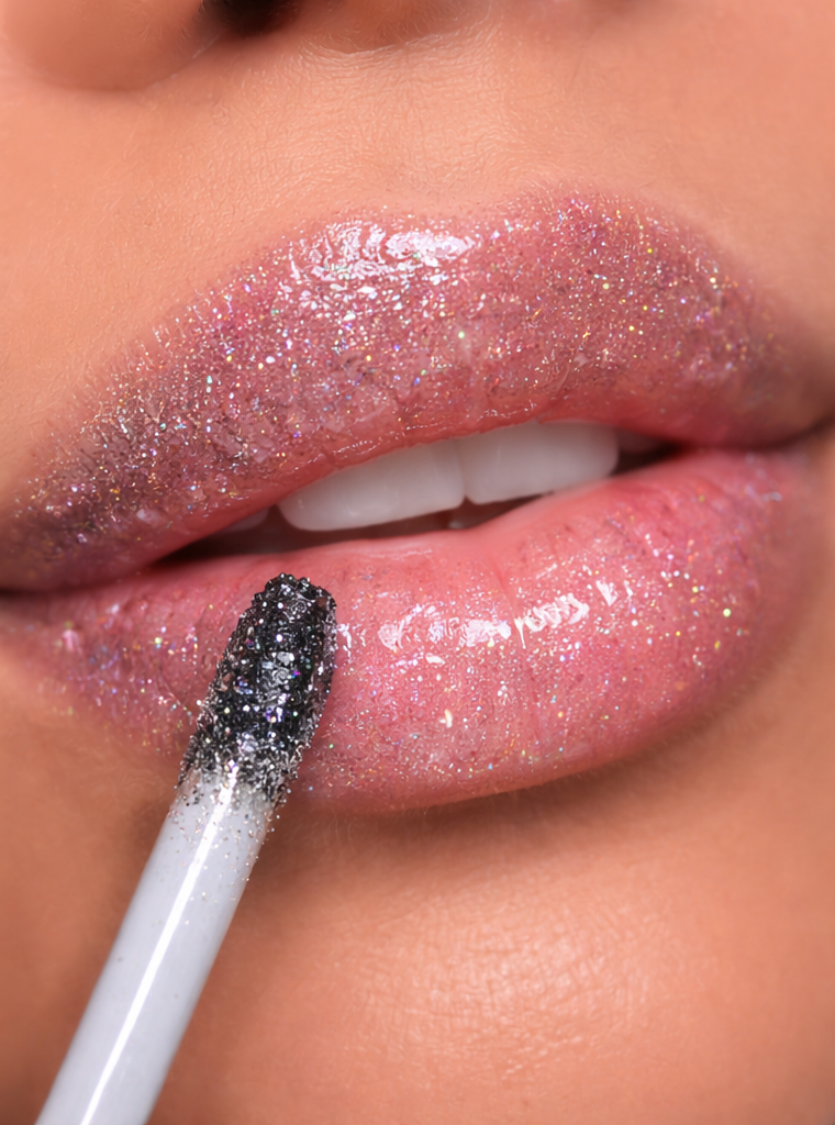 Black Gold lip gloss from Tremilo Beauty worn on lips showing sheer black and gold shimmer shine