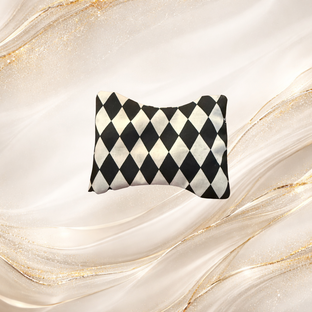 Small Palm & Pulse™ Comfort Compress with a black and white check design, filled with natural buckwheat hulls for hands, wrists, jaw, or feet.