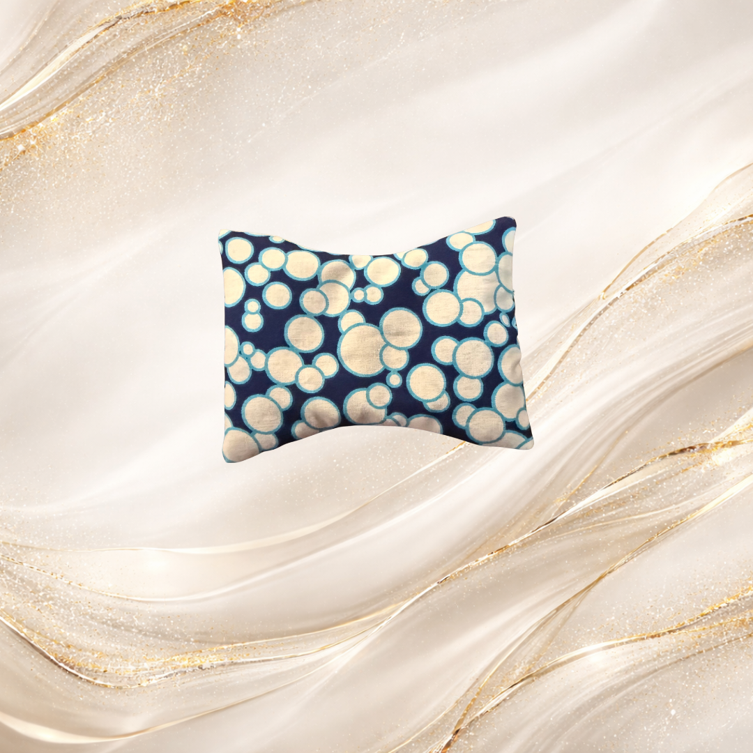 Small Palm & Pulse™ Comfort Compress in blue with bubble print, filled with USA-grown pillow-grade buckwheat hulls for hot or cold therapy.