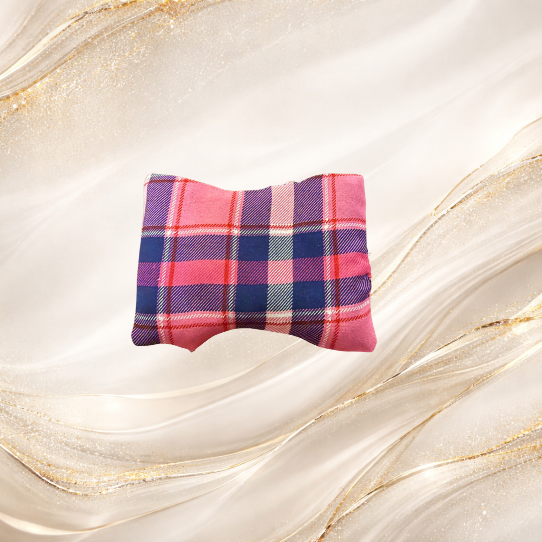 Small Palm & Pulse™ Comfort Compress with pink plaid fabric, filled with natural buckwheat hulls, perfect for hand, wrist, or foot support.