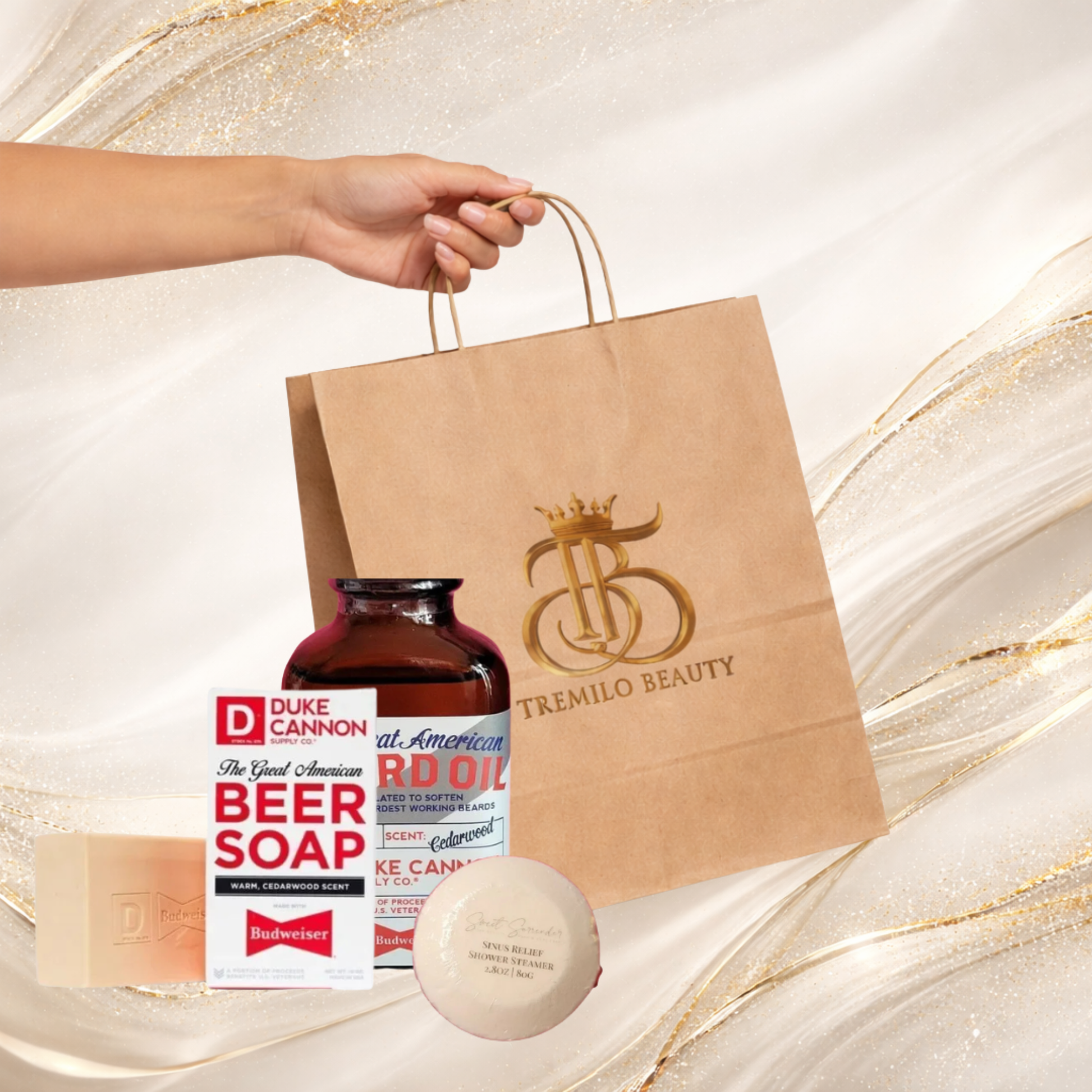 Tremilo Beauty “Oh Crap — For Him (Upgraded)” gift bundle including men’s soap, beard oil, and shower bomb in a kraft bag, displayed on a white and gold marble background.