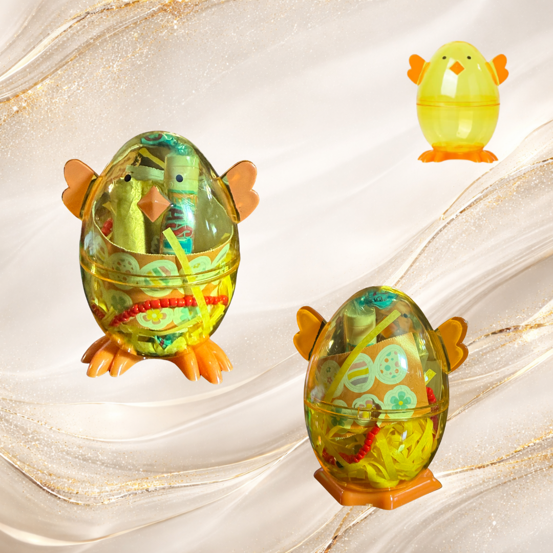 Yellow chick-shaped Easter containers filled with lip gloss, bracelet, and treats, perfect for Easter basket stuffers for girls and teens
