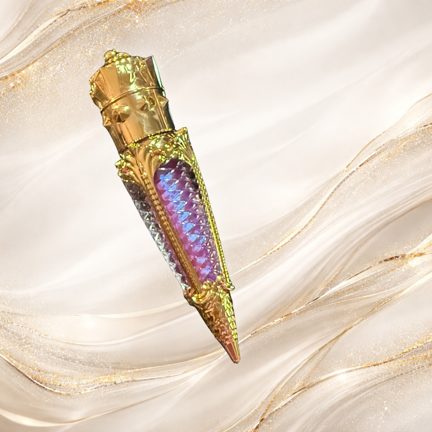 Violet Confluence lip gloss in ornate gold claw tube with purple shimmer by Tremilo Beauty