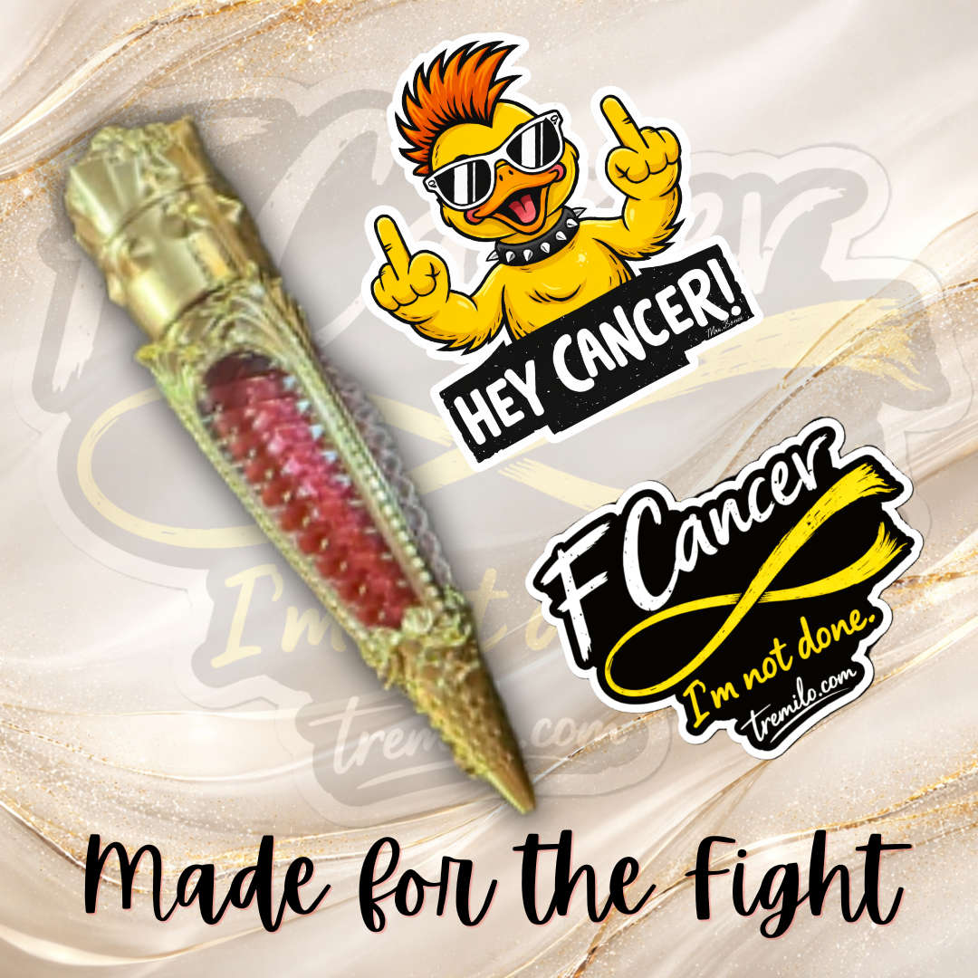 F Cancer bundle with claw tube lip gloss and cancer awareness stickers by Tremilo Beauty made for the fight