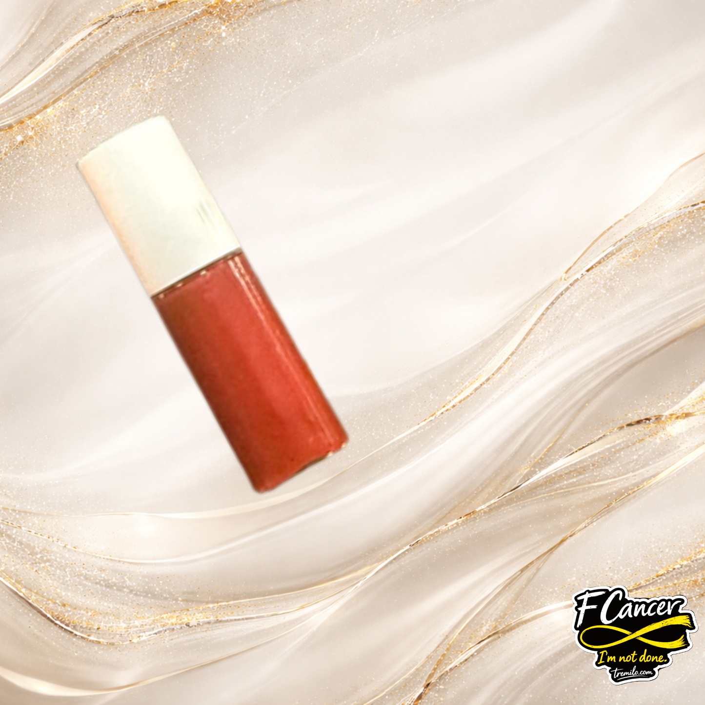 F Cancer 3ml lip gloss by Tremilo Beauty product shot with rich red shade in clear tube