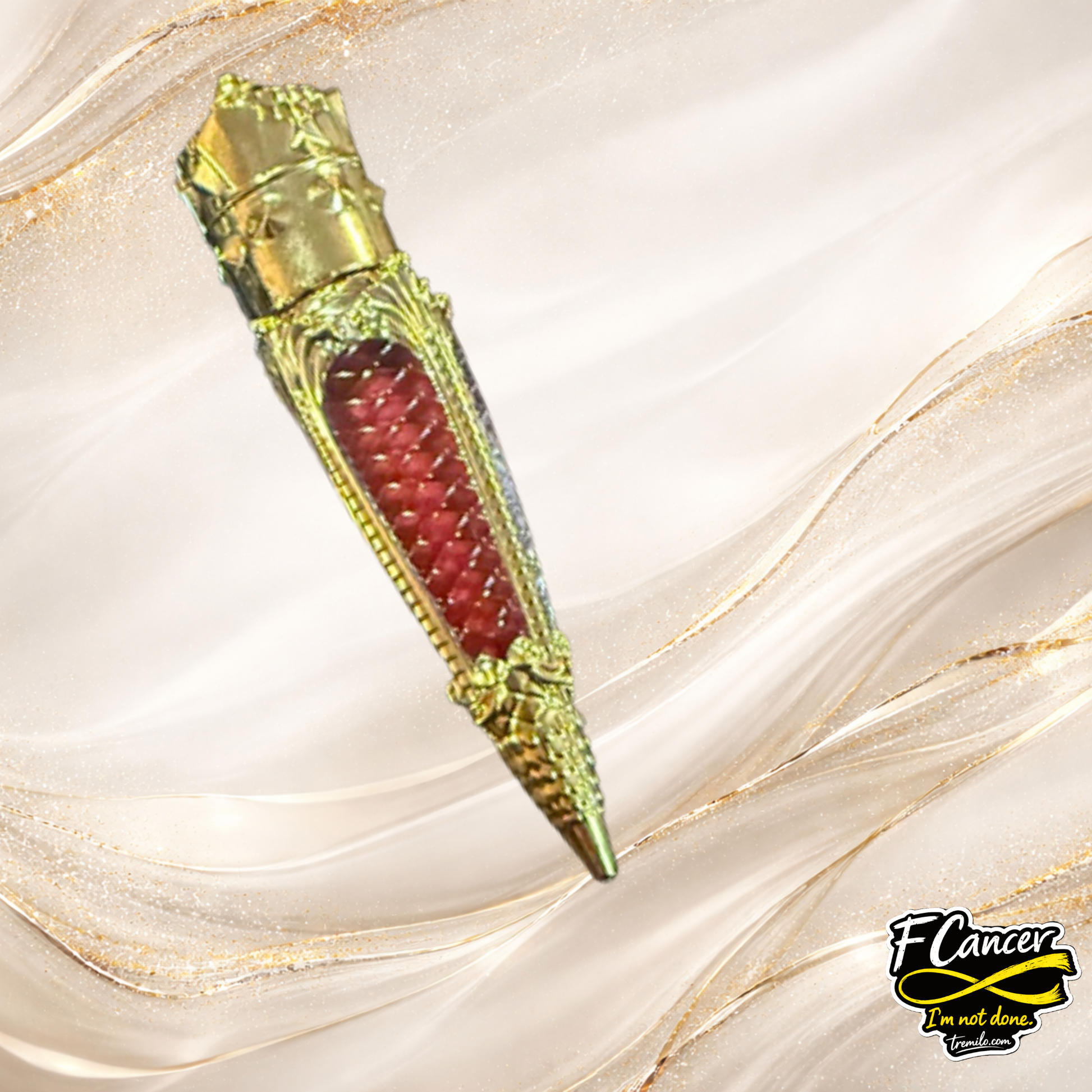 F Cancer lip gloss by Tremilo Beauty product shot showing red shade in decorative gold tube