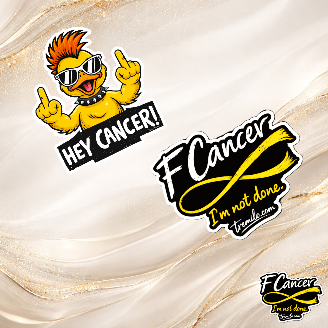 F Cancer sticker bundle with punk duck design and yellow ribbon cancer awareness decal by Tremilo Beauty
