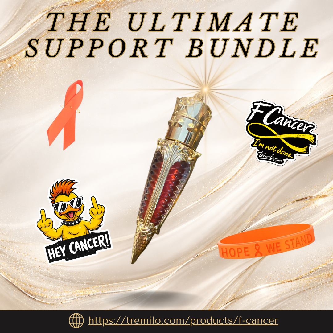 F Cancer ultimate support bundle with claw tube lip gloss, cancer awareness stickers, orange bracelet and ribbon by Tremilo Beauty