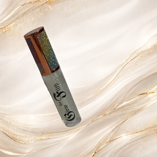 Faegasm™ iridescent shimmer lip gloss tube with multidimensional sparkle and high-shine finish by Glow for Filth.