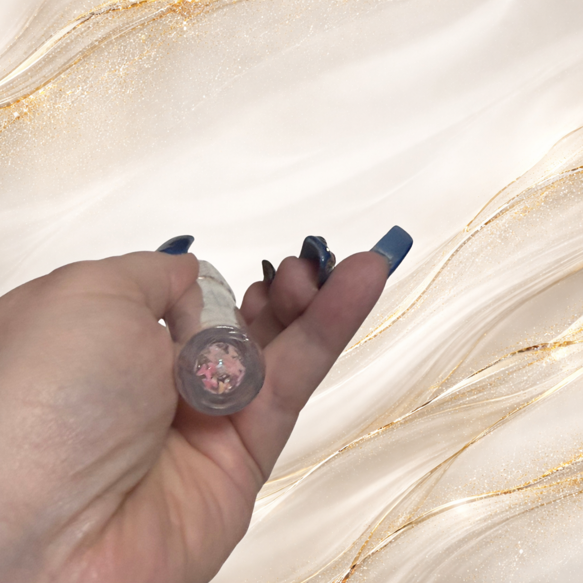 Flutterlight clear lip gloss showing star glitter charms settled at the bottom of the tube.