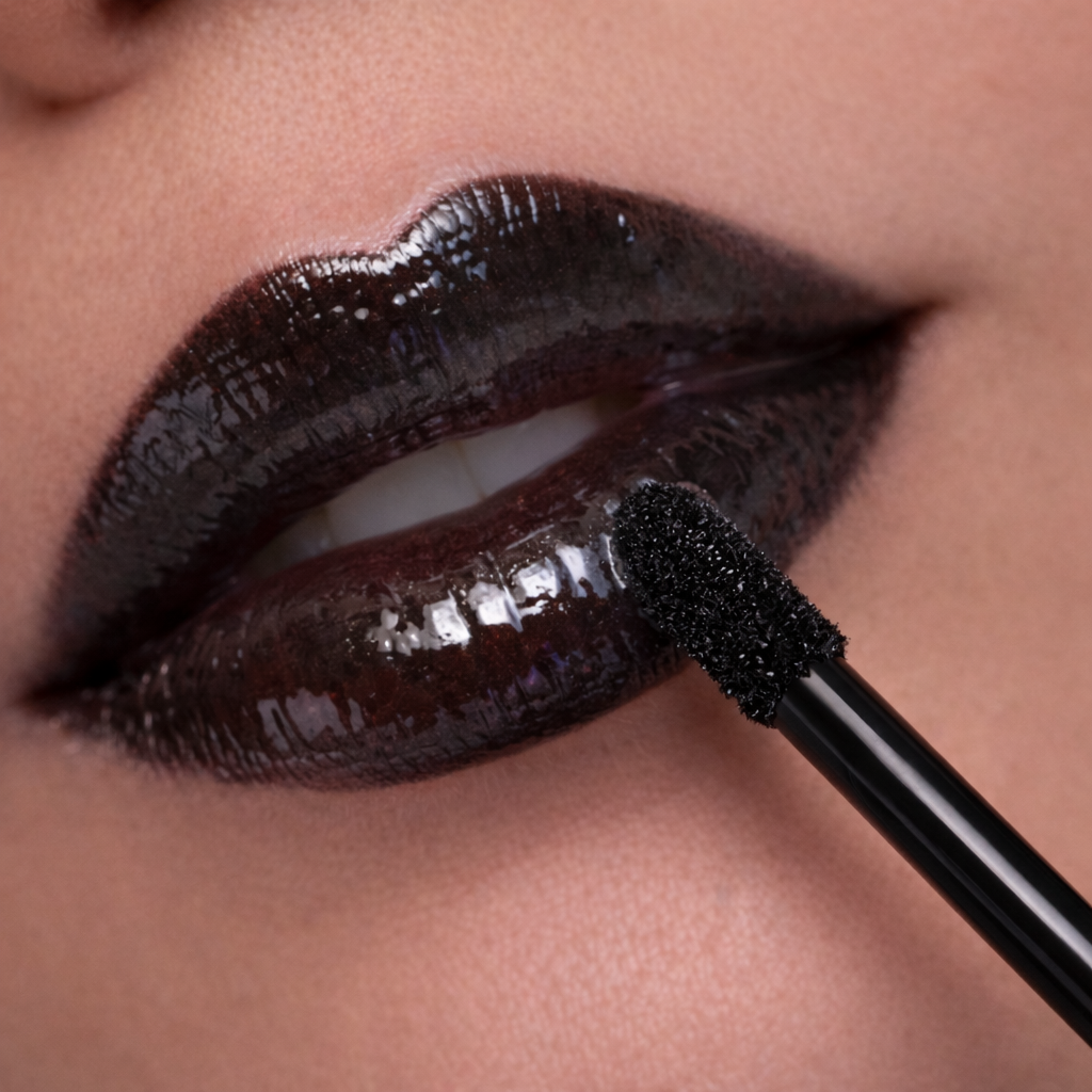 Iron City Ink sheer black lip gloss being applied to lips with a doe foot applicator showing glossy translucent charcoal shine by Tremilo