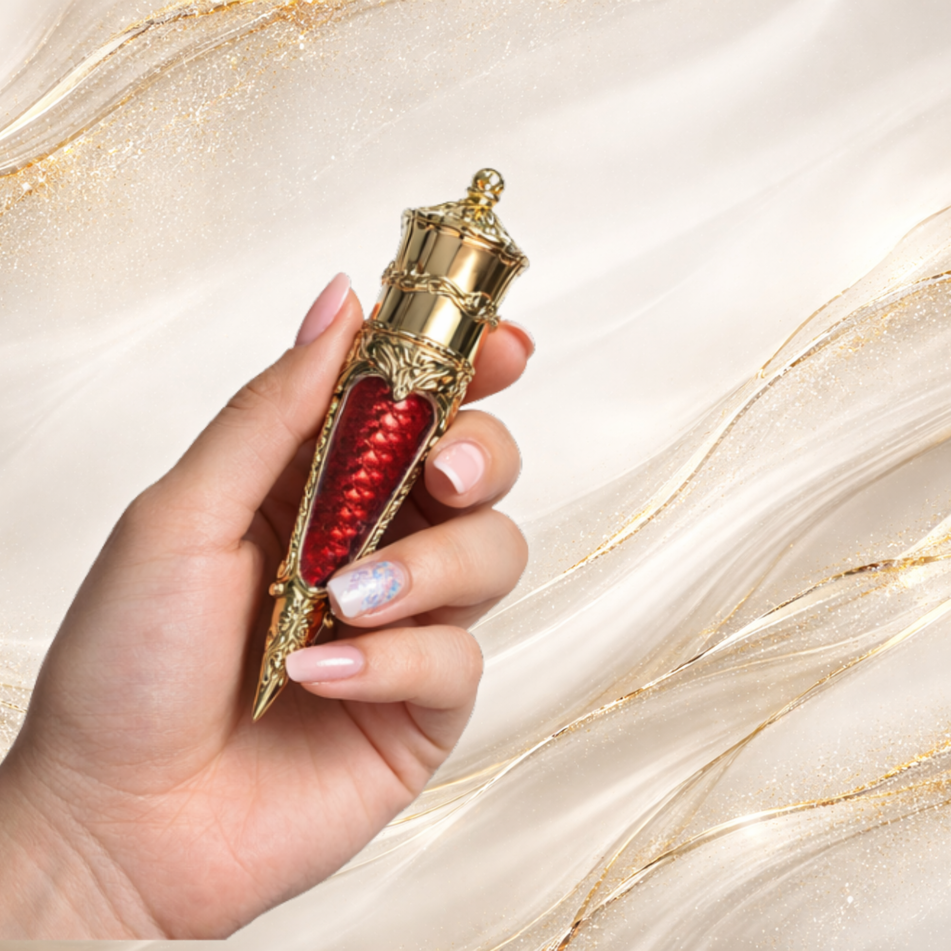 Steelheart red lip gloss claw tube held in hand showing ornate gold packaging from Tremilo Steel City Gloss Collection