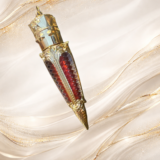 Steelheart red lip gloss in ornate claw tube packaging from Tremilo Steel City Gloss Collection.  Steelheart red lip gloss from the Tremilo Steel City Gloss Collection inspired by Pittsburgh.