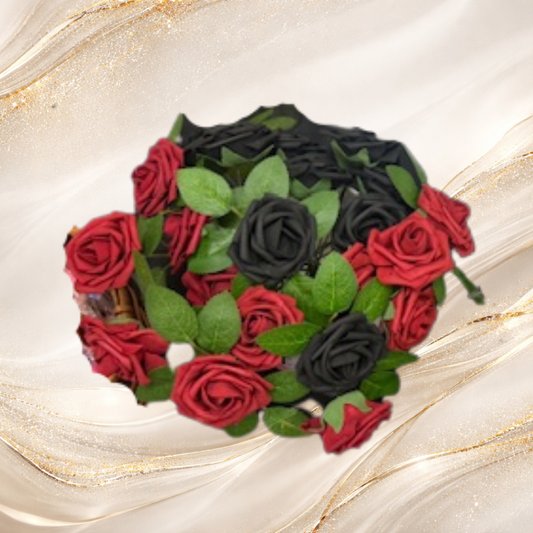 Black and red faux rose arrangement used as a dramatic background for Tremilo lip gloss product display