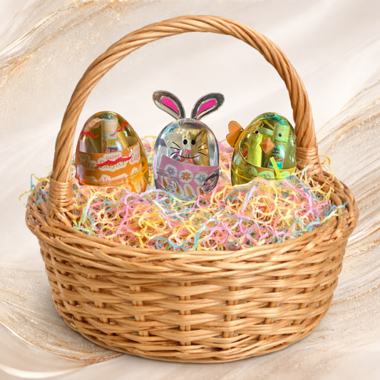 Easter basket filled with Tremilo bunny, chick, and egg lip gloss gift sets arranged in pastel filler, ready-to-gift Easter basket stuffers for girls and teens