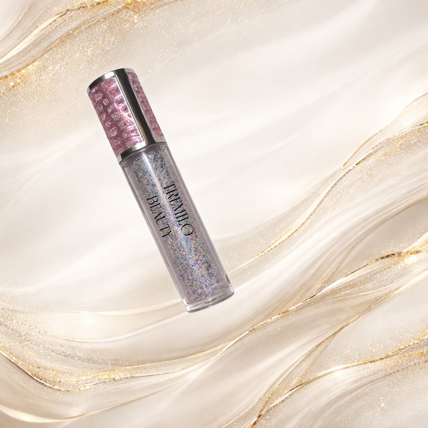 Tremilo Riveting holographic glitter lip gloss in clear tube with pink textured cap