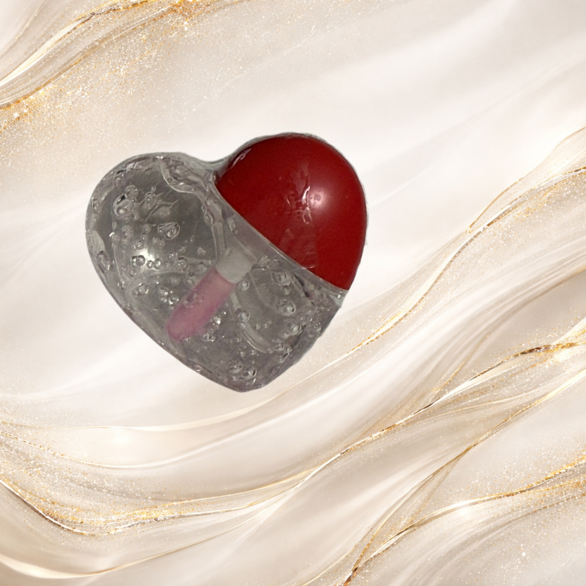 Steel Chemistry heart-shaped lip gloss from Tremilo Beauty with clear gloss, bubble texture, and red heart cap packaging