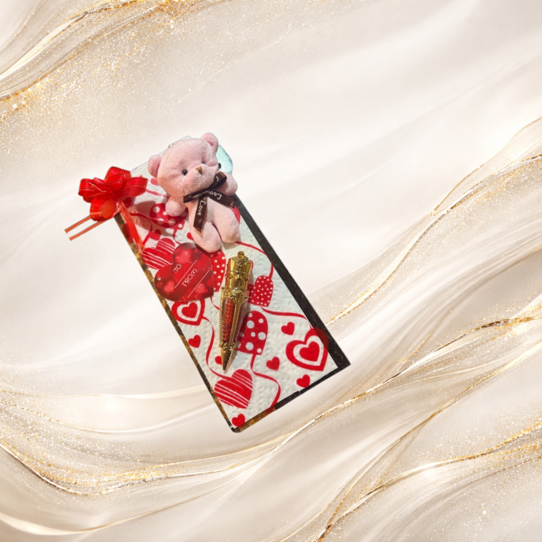 Valentine gift bag set with teddy bear charm, pen gift, heart tag and red ribbon packaging