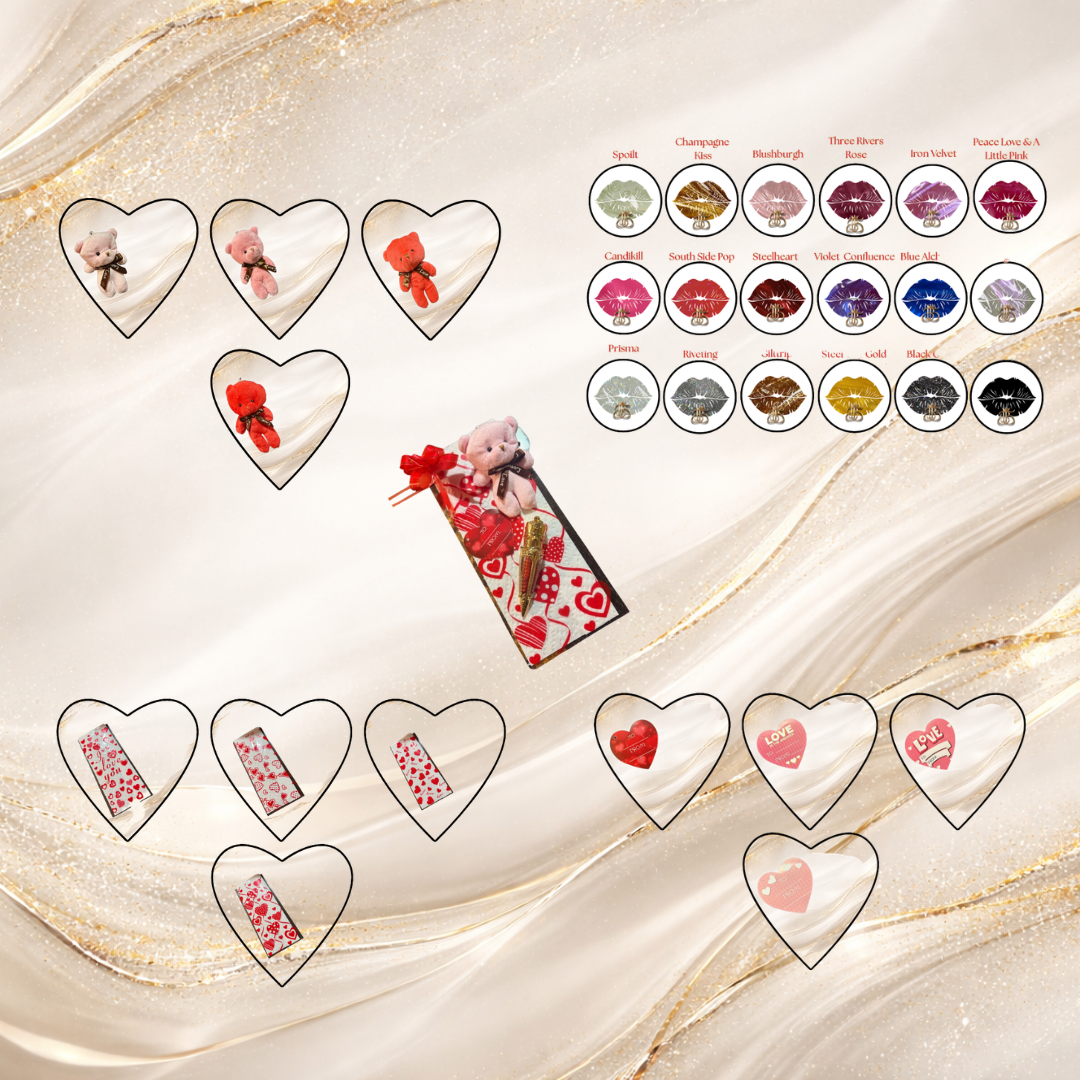 Valentine gift bag set with teddy bear charm, pen gift, heart tag and red ribbon packaging