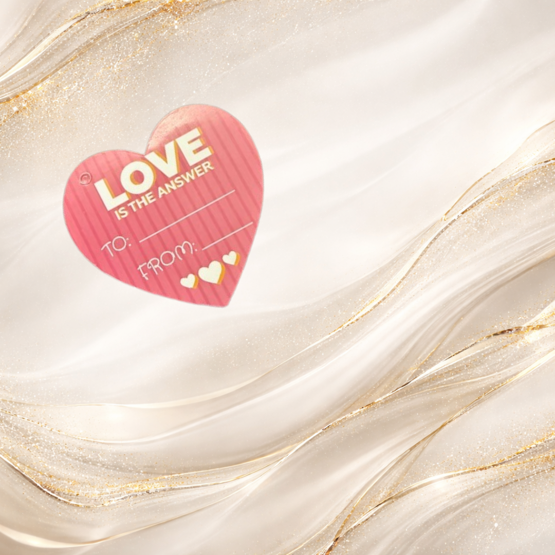 heart shaped gift tag with love is the answer message