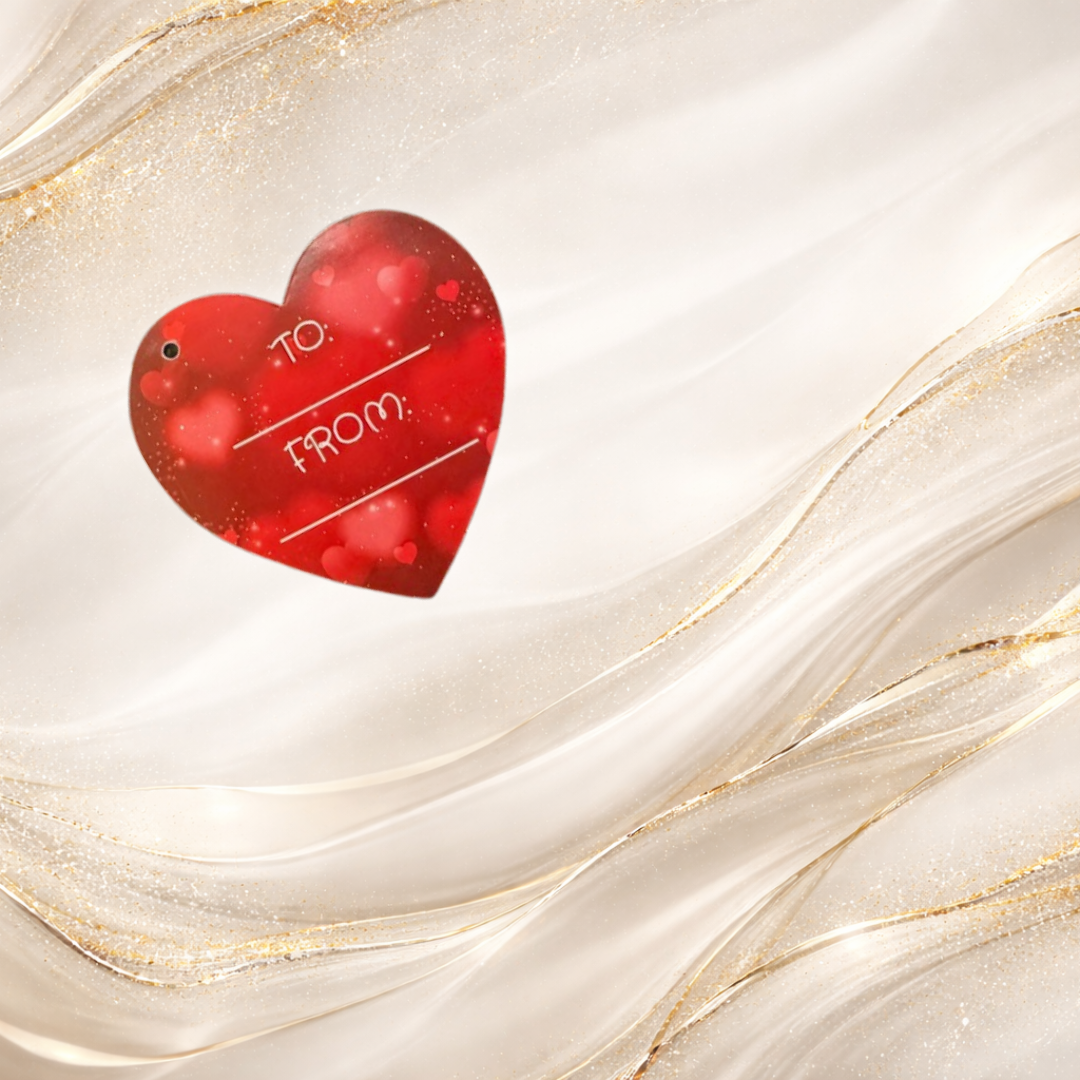 red heart shaped valentine gift tag with to and from space